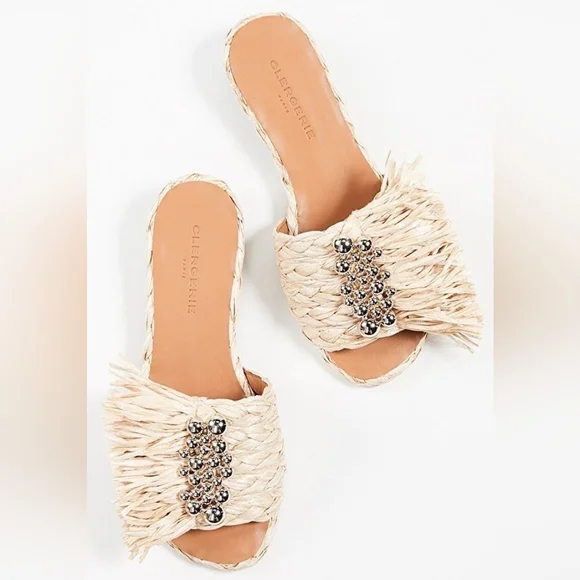 Clergerie Paris Raffia Fringd Slide Silver Sandals Sz EU 40 US 9 - Picture 1 of 8